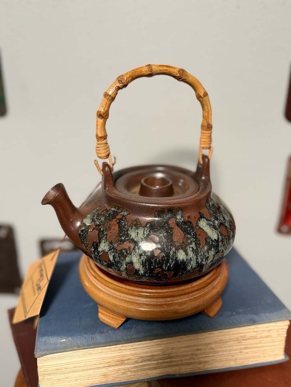 Pottery Craft Vintage Glazed Stoneware Teapot with Bamboo Handle